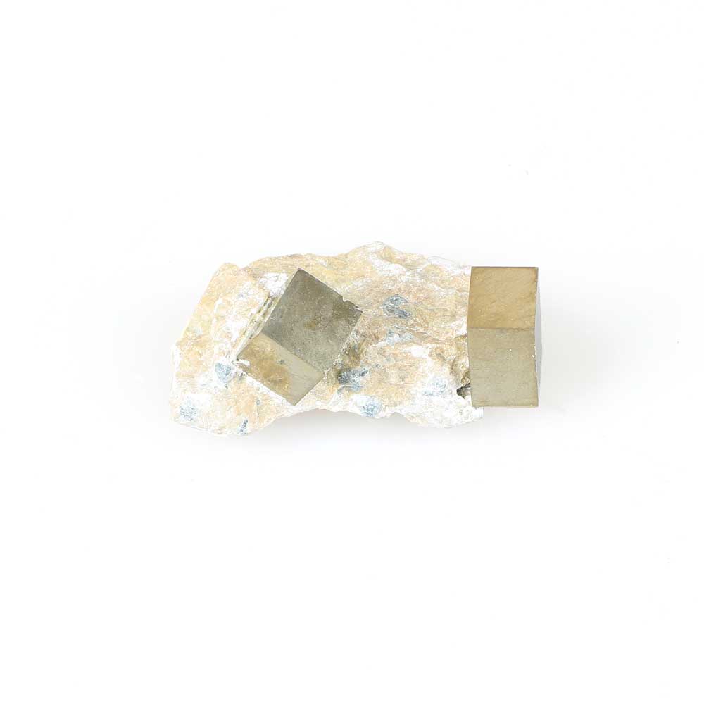 Small pyrite crystal specimen, Spain. Photographed against white background. Australian Museum Shop online