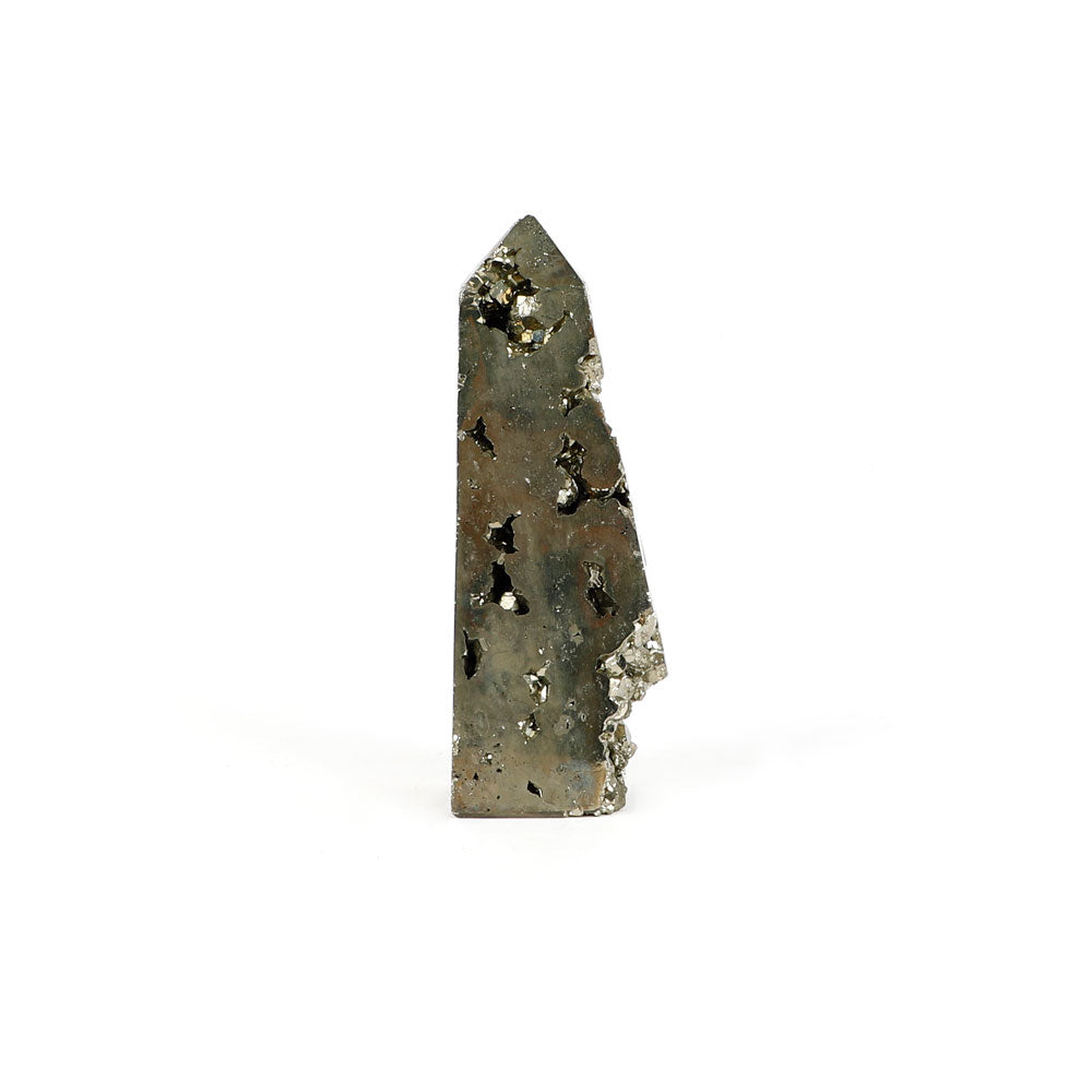 Pyrite cluster obelisk on white background