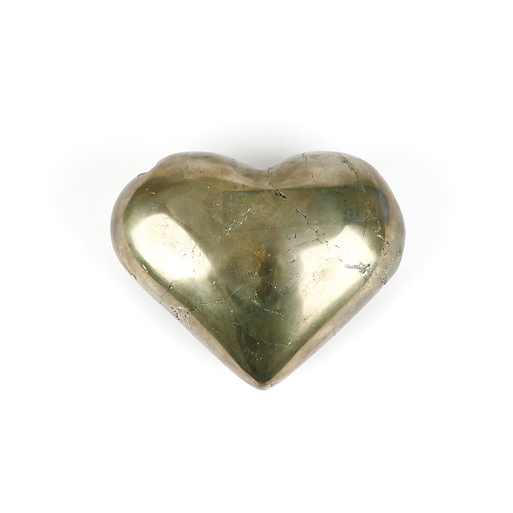 Heart-shaped polished smooth pyrite specimen on a white background