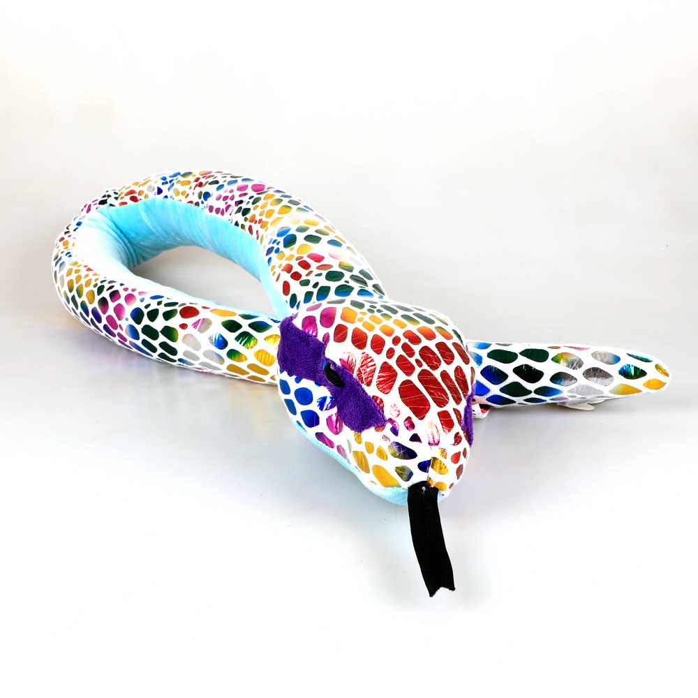 Rainbow foil dotted snake with yellow plush underbelly sleeping on white background for Australian Museum Shop online