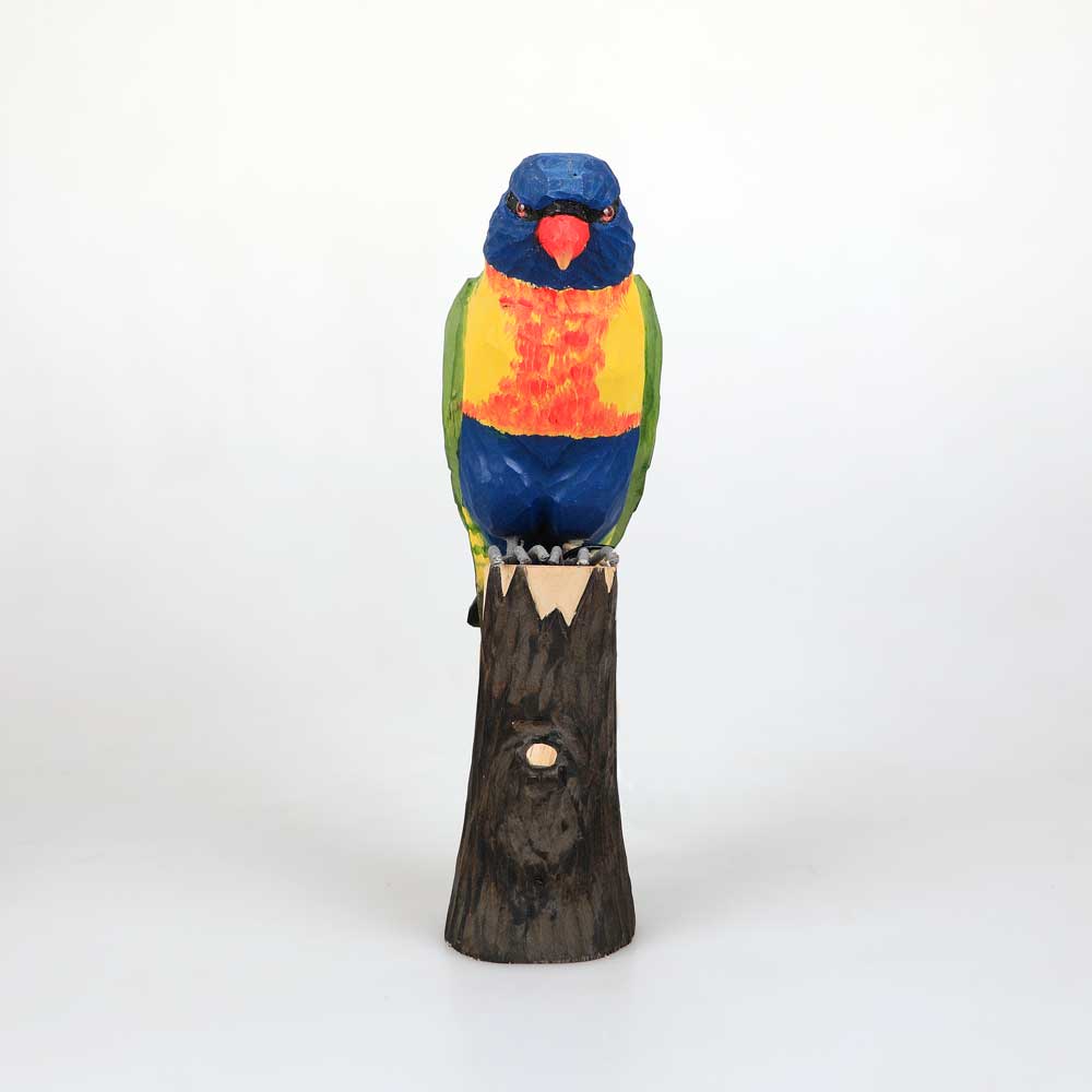Rainbow Lorikeet hand carved linden wood deco bird photographed against white background. Australian Museum Shop online