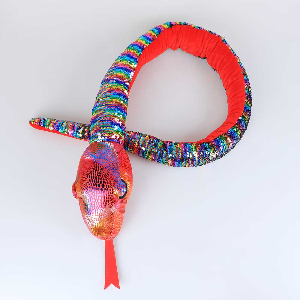 rainbow sequinned snake with soft plush underbelly on a white background, viewed from above, for Australian Museum Shop online