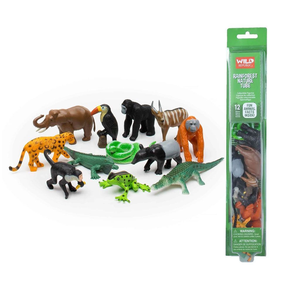 Nature Tube Rainforest animal figurines with packaging on a white background