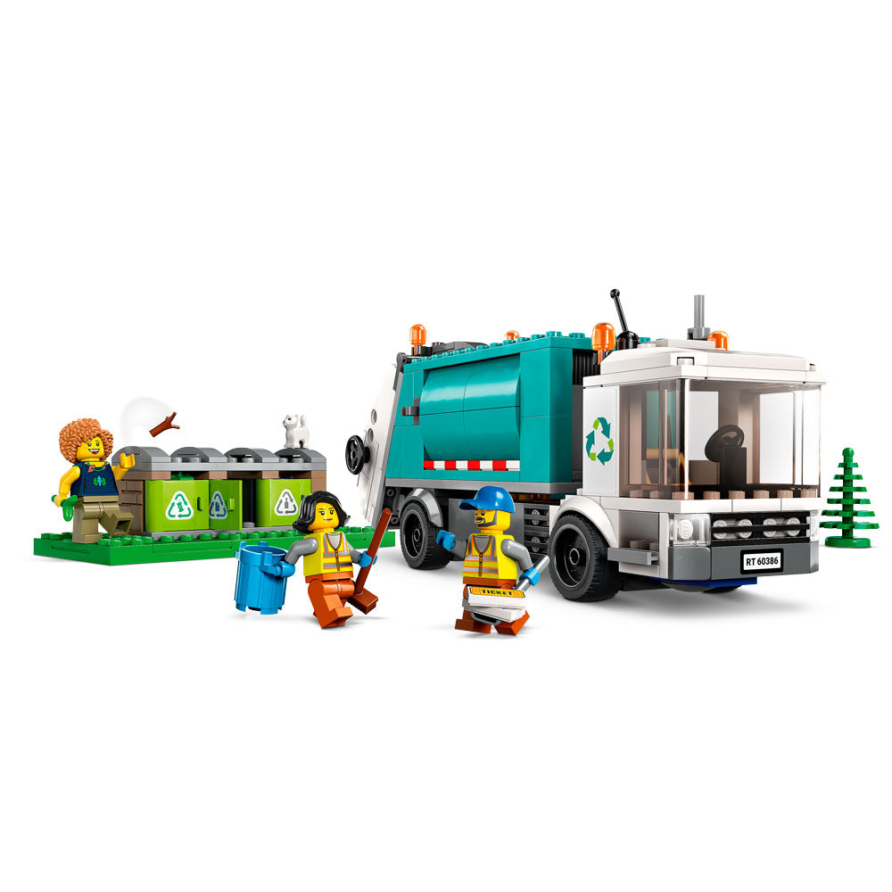 LEGO garbage truck set with workers and trash bins on a white background