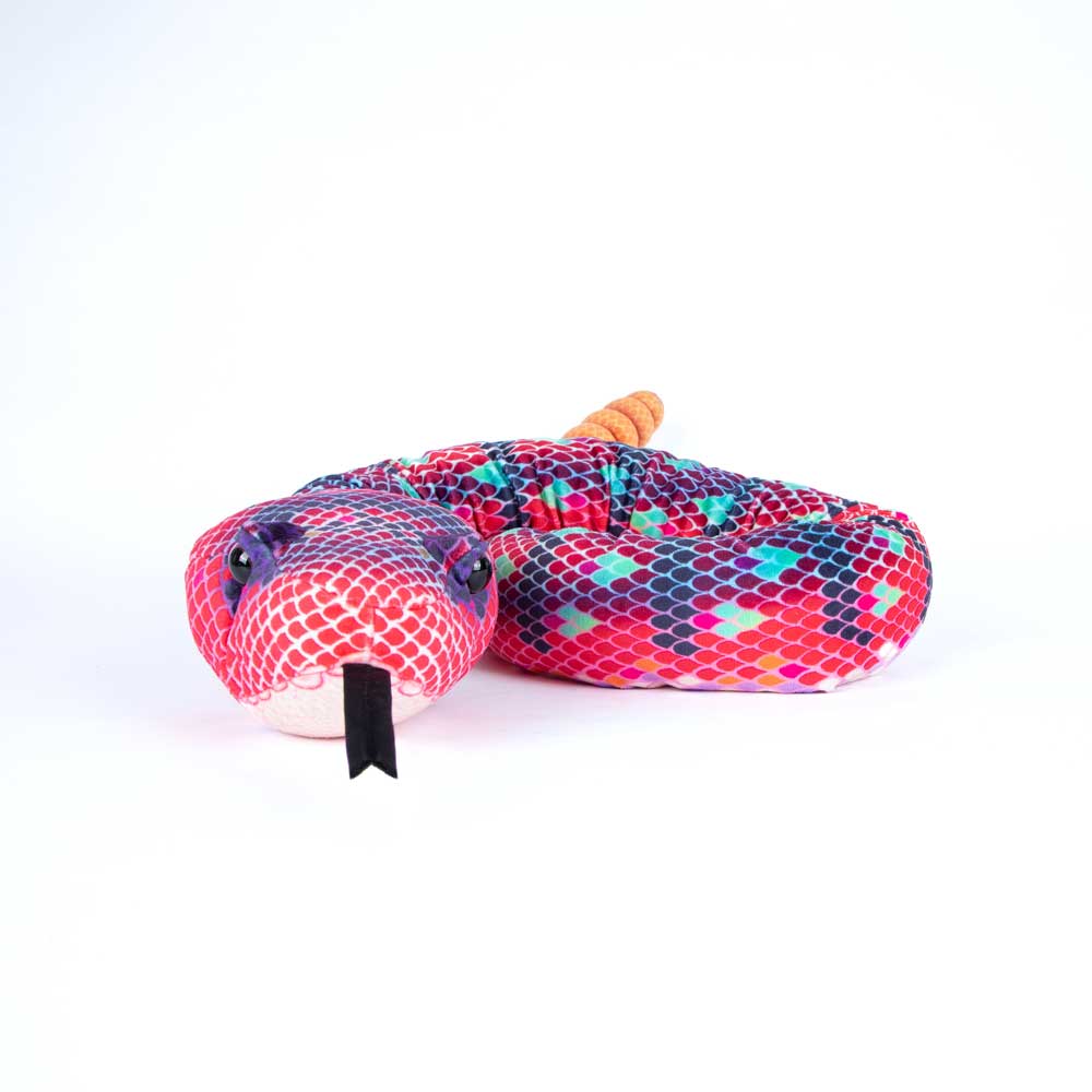 Red and Green plush snake, sleeping on a white background for Australian Museum Shop online