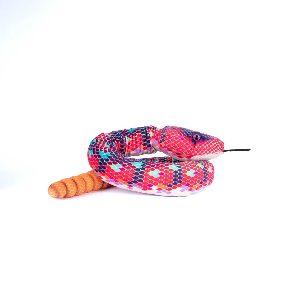 Red and Green plush snake, sleeping on a white background for Australian Museum Shop online