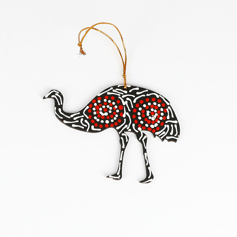 Emu handpainted ornament Warlukurlangu artists cooperative on white background