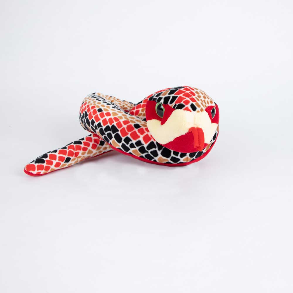 Red scale patterned soft Plush snake made from recycled PET bottles, on white background