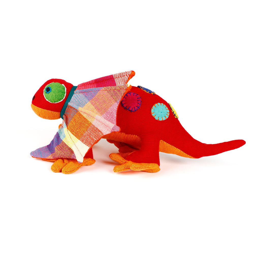 Red spotty Frill-Neck Lizard toys handmade from handwoven fabric by Barefoot Toys, on white background