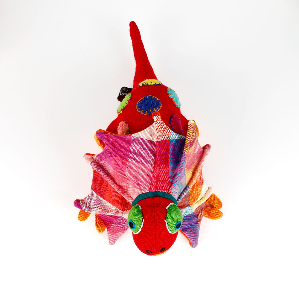 Red spotty Frill-Neck Lizard toys handmade from handwoven fabric by Barefoot Toys, on white background