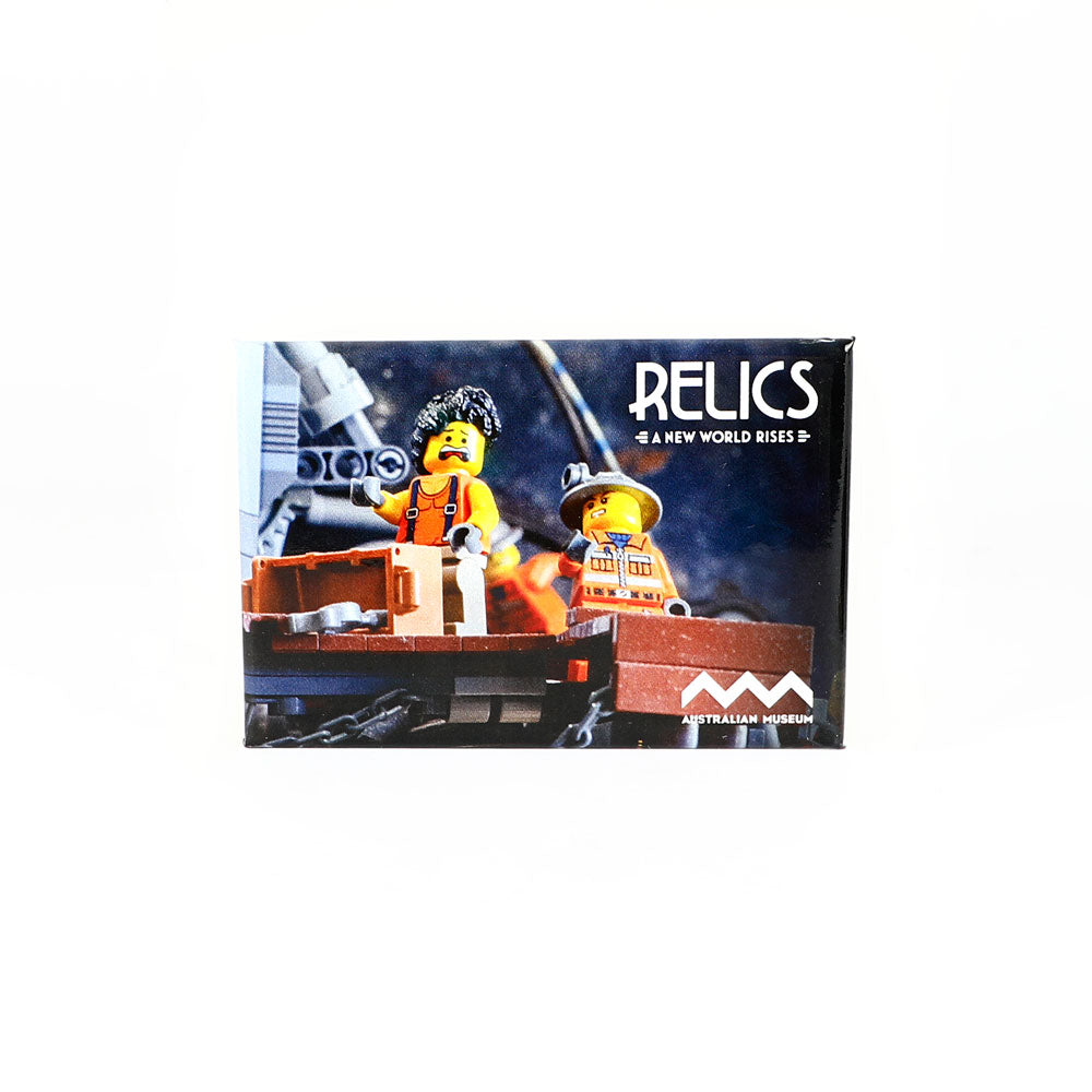 Workmen minifigs 'Relics' magnet on a white background