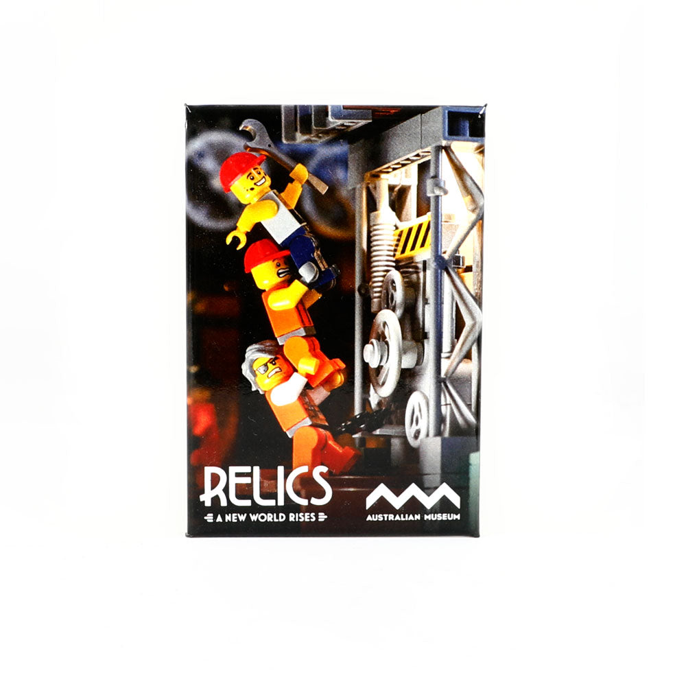 Workmen minifigs 'Relics' magnet on a white background