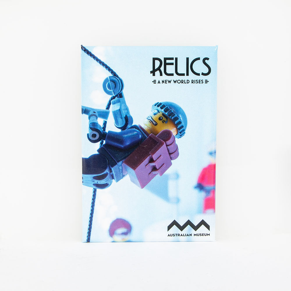 Abselining minifig 'Relics' magnet on a white background