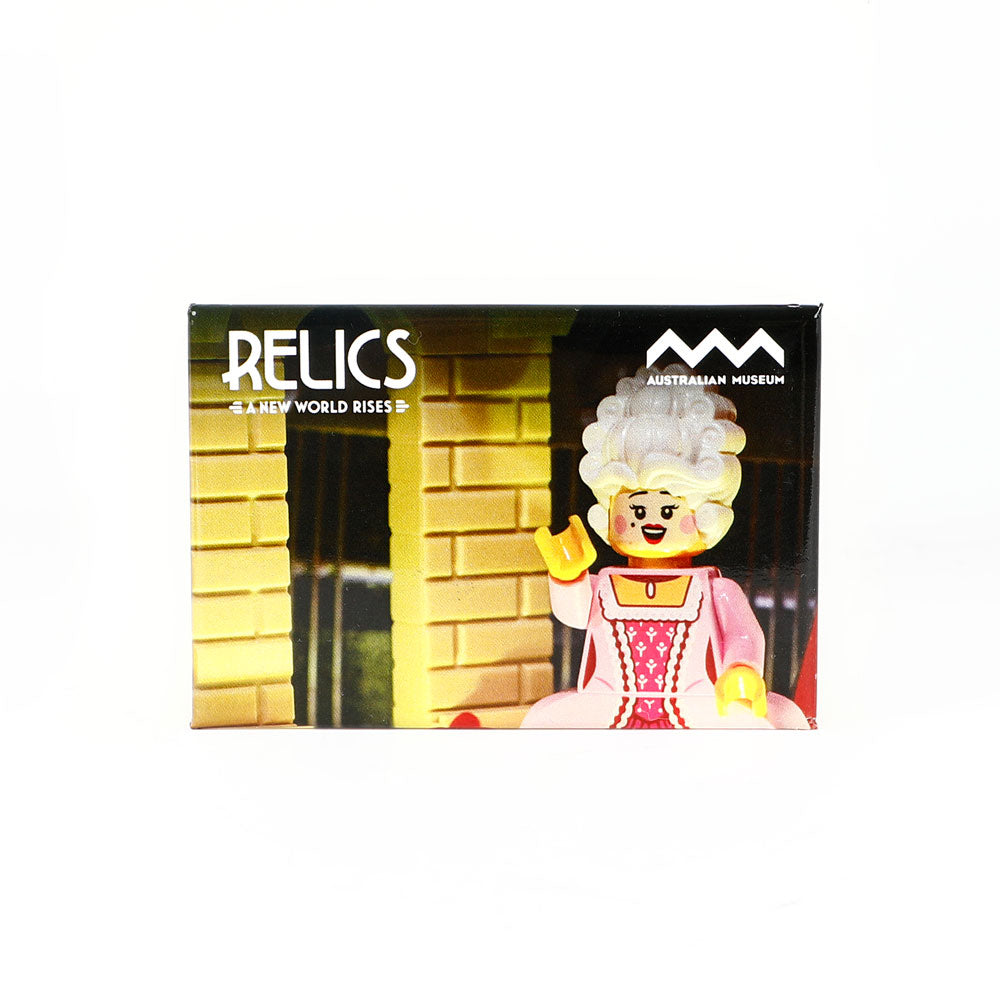 Operatic minifig 'Relics' magnet on a white background