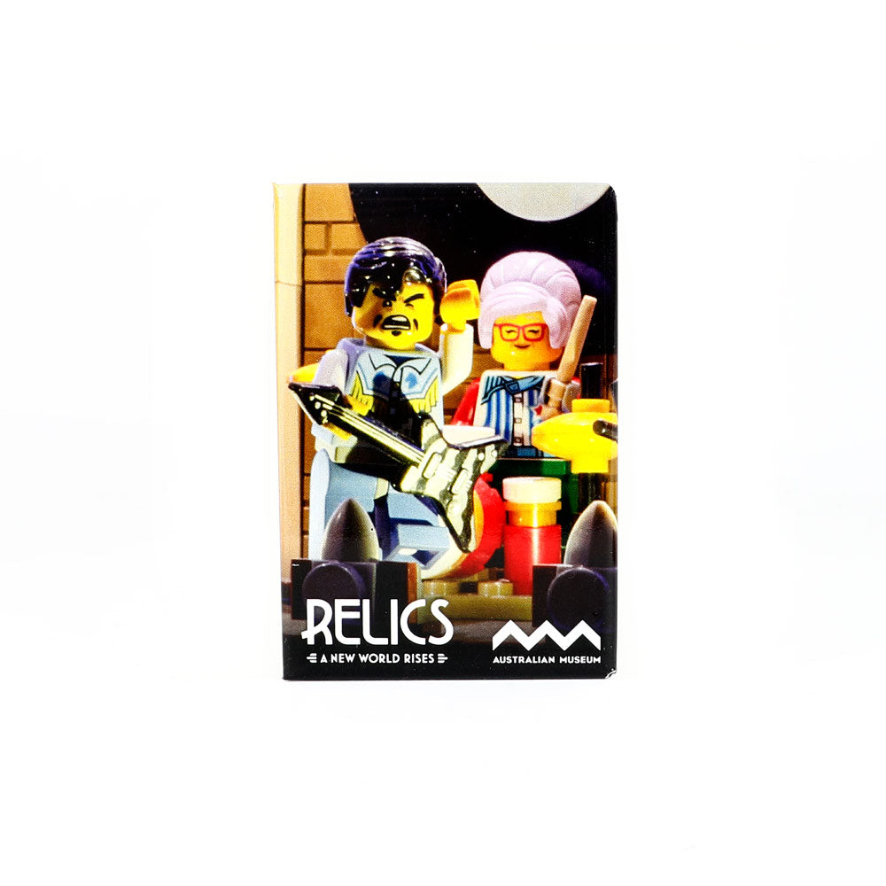 Rockstar and mum minifigs 'Relics' magnet on a white background