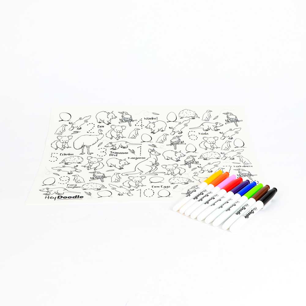 Reusable Silicone Mat with drawing pens- Aussie Animals - on white background