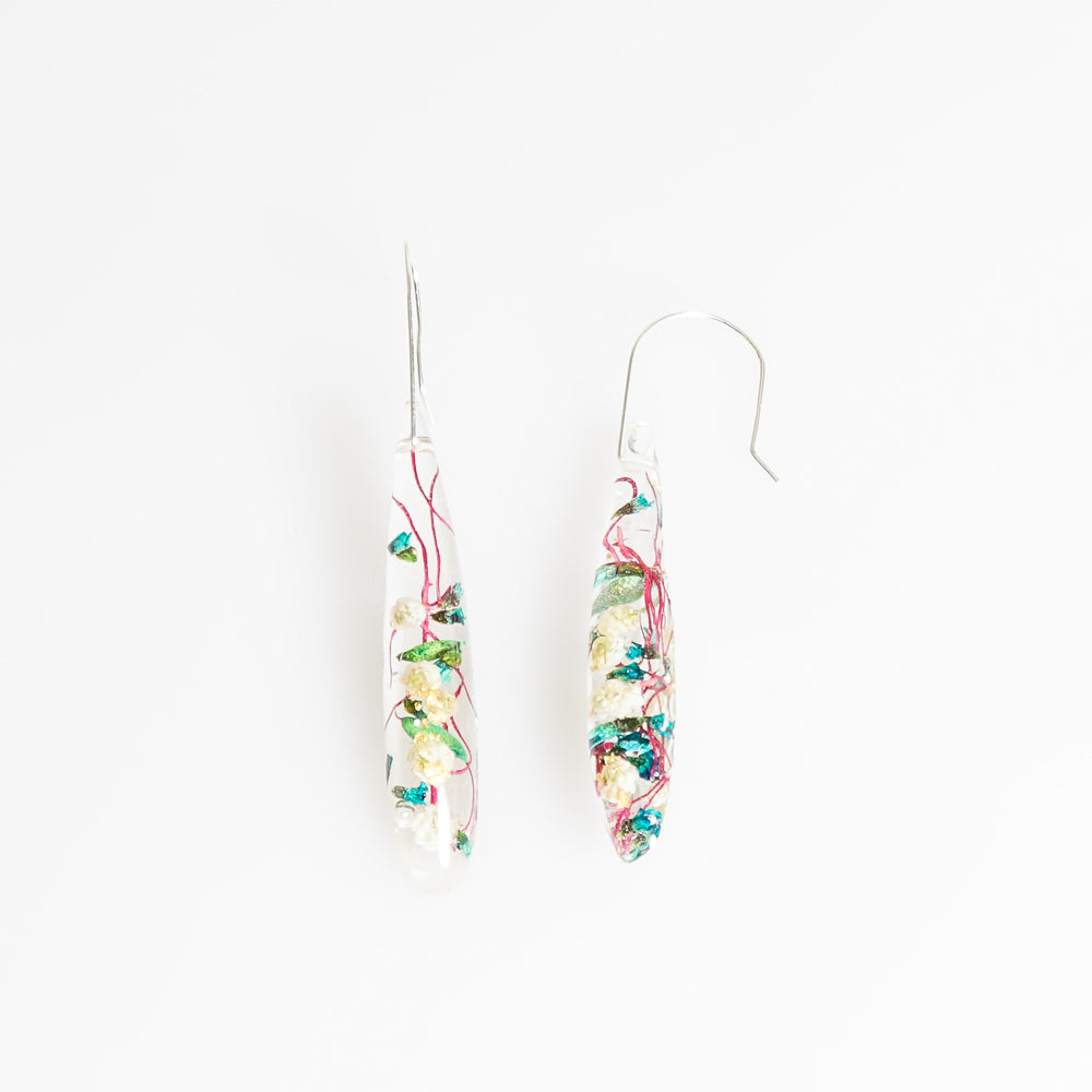 Rice flower and thrypotomene teardrop dangle earrings Little Hurricane. on white background for Australian Museum Shop online