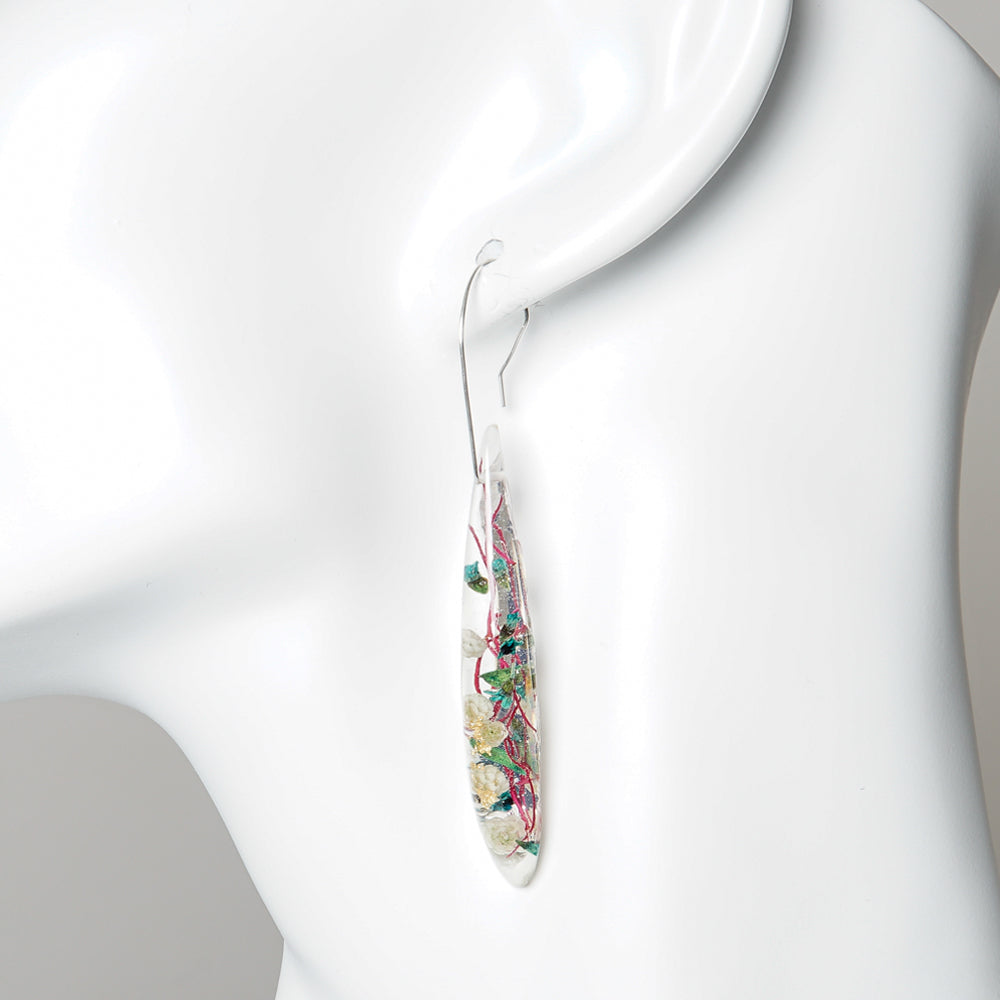 Rice flower and thrypotomene teardrop dangle earrings Little Hurricane. on white background for Australian Museum Shop online