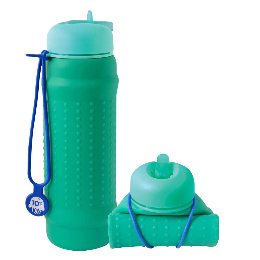 Rolla bottle fold down silicon reusable water bottle. Green body with Aquamarine lid. photographed on white background for Australian Museum Shop online
