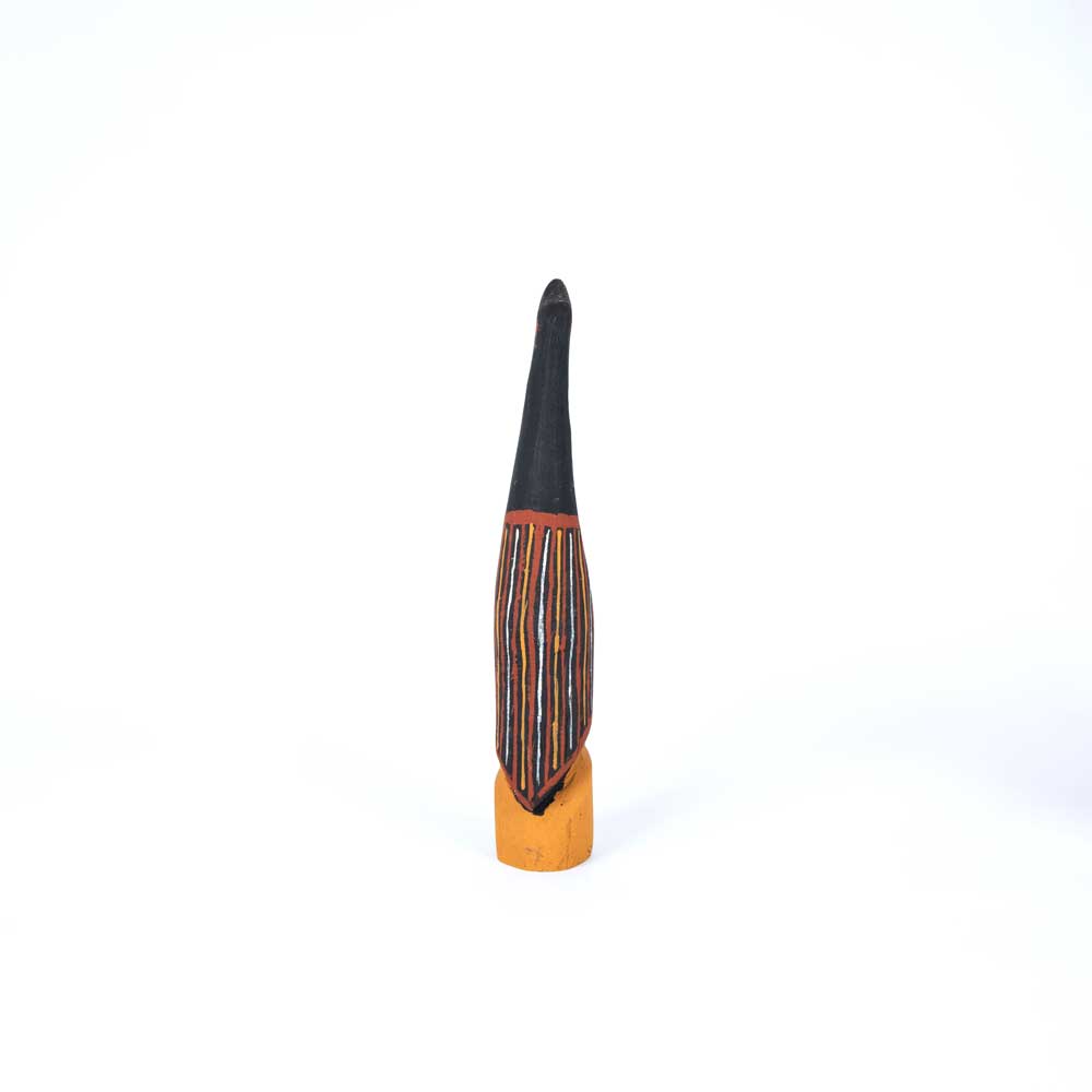 Black cormorant Sculpture, hand carved and painted by Romeo Tipiloura,  Tiwi Design on white background