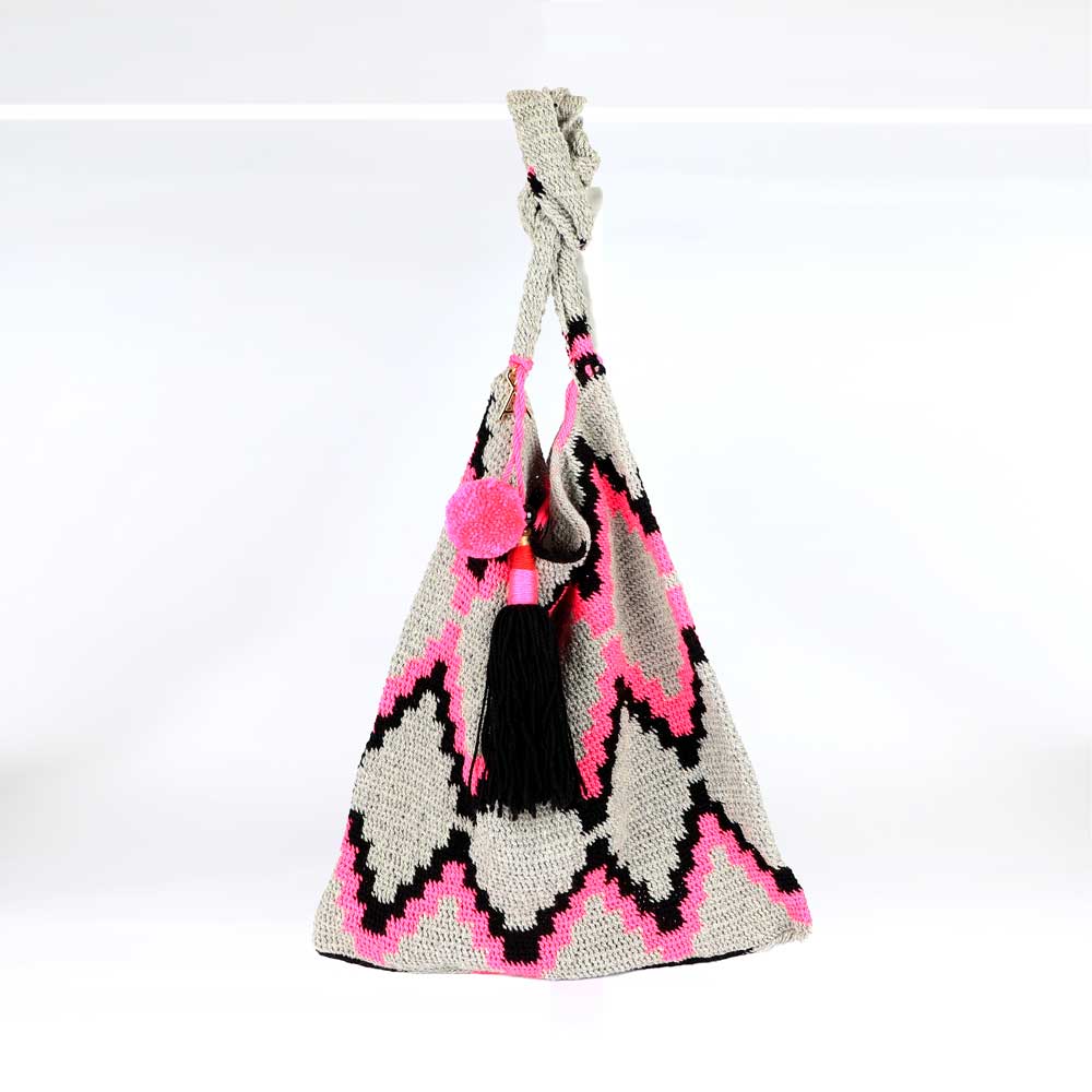 Rosa Hofman Silver Pink Black Bilum Bag on white background