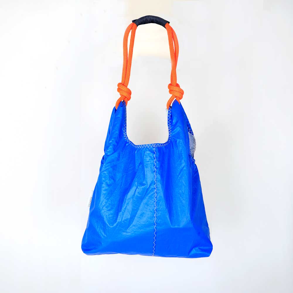 Blue seashopper sailcloth bag on white background for Australian Museum Shop online