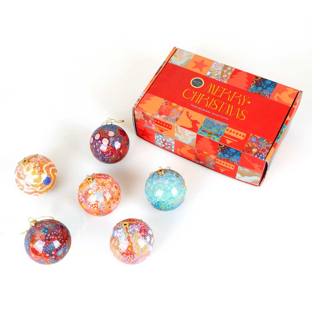 Sacred Country 6-pack Christmas baubles on white background for Australian Museum shop online