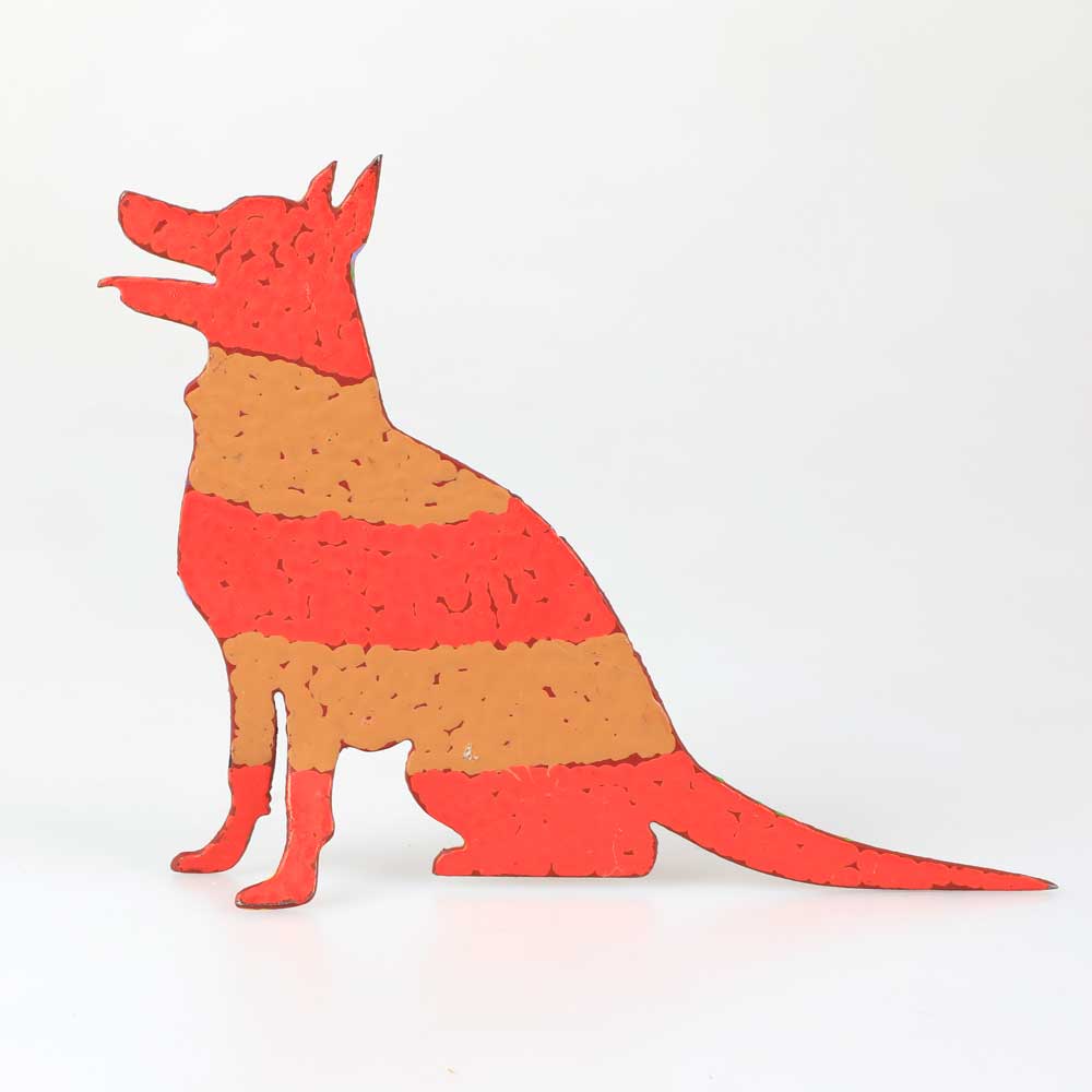 Orange striped hand painted Seated metal desert dog, Yuendumu desert artists of the Warlukurlangu artists collective Australian Museum Shop online