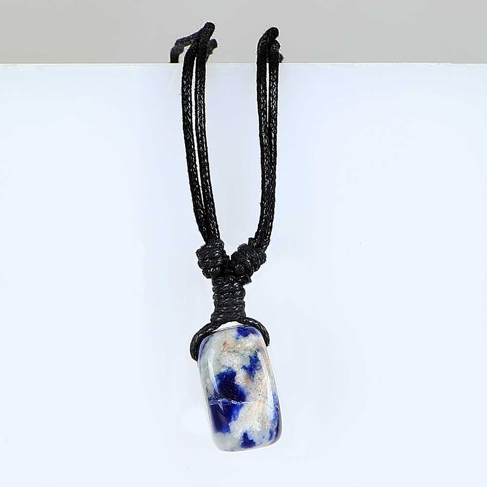 September birthstone pendant on leather and fibre necklace on white background for Australian Museum Shop online