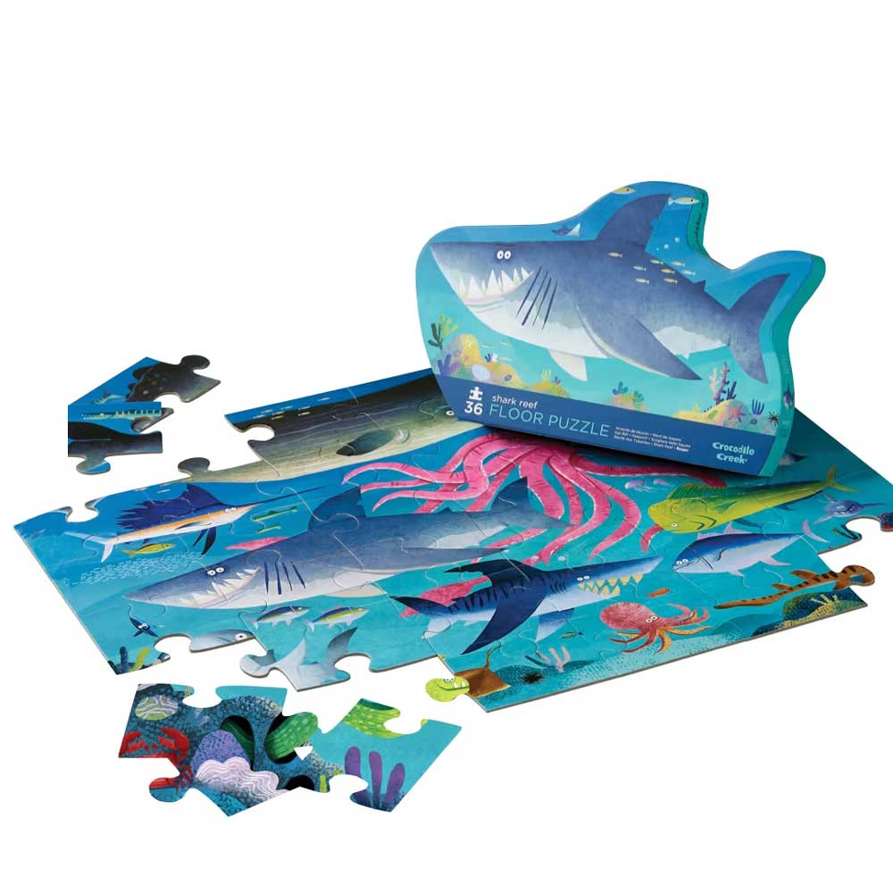 Shark Reef floor puzzle 36 piece jigsaw ages 3+ box and jigsaw photographed on white background Australian Museum Shop online