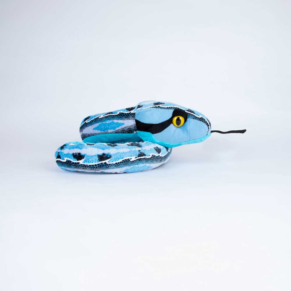 Slipstream Blue plush snake, sleeping on a white background for Australian Museum Shop online