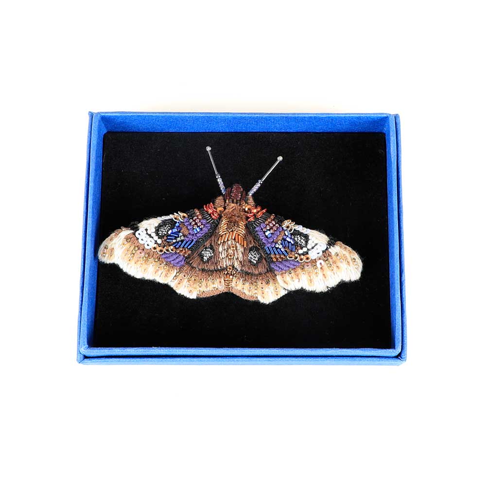 Trovelore Beaded nature brooch hand made in india on white background. SMall Emperor Moth