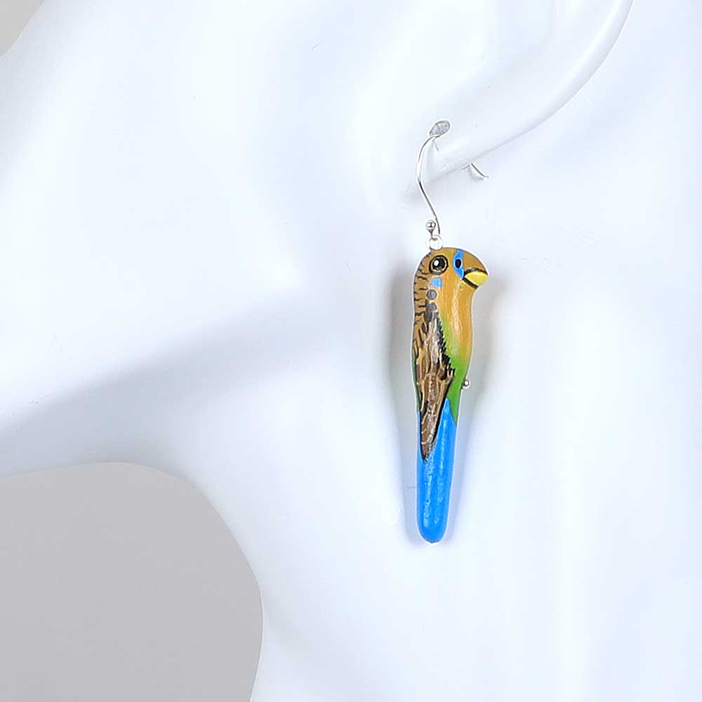 Budgerigar earrings, Songbird Collective. photographed on white background. Australian Museum Shop online