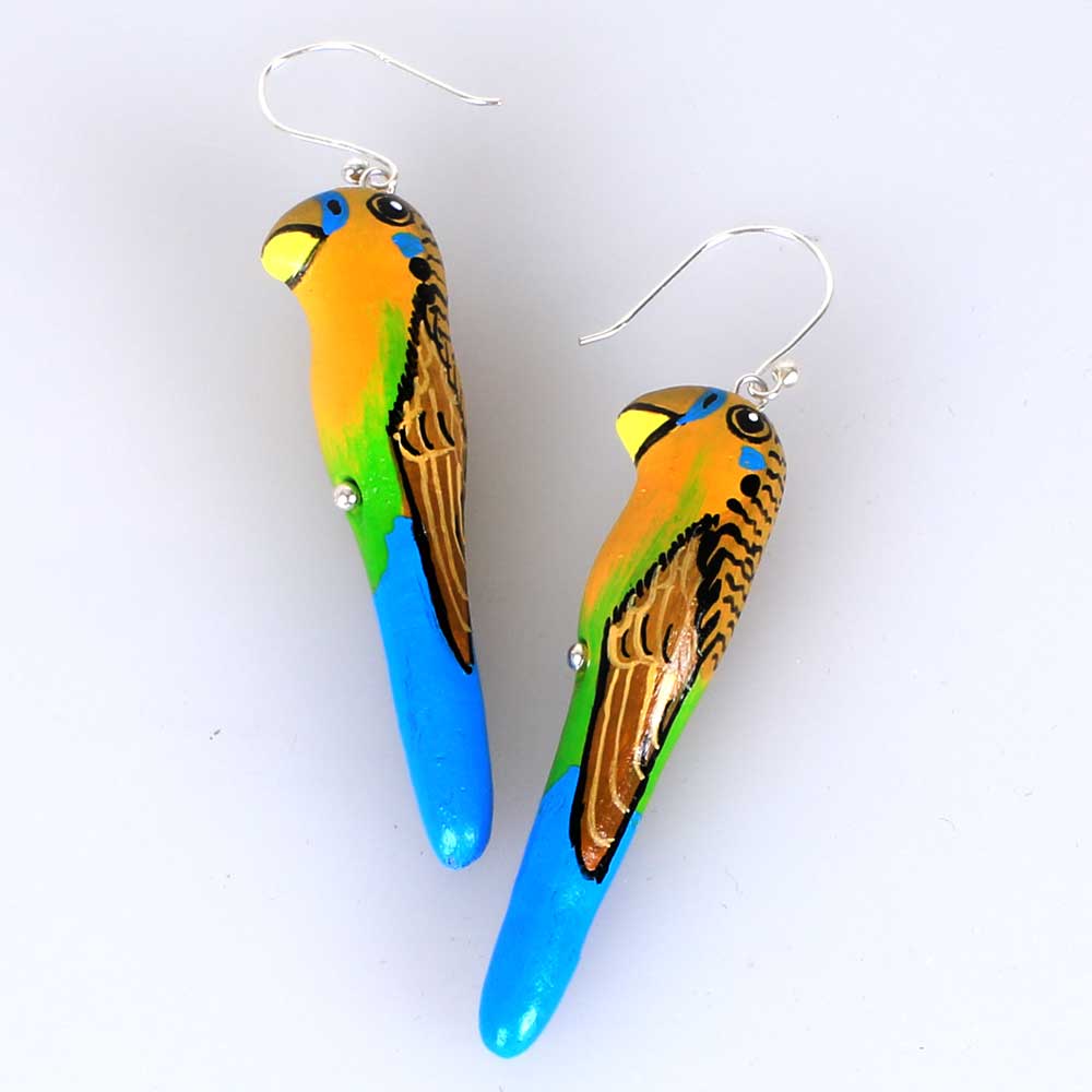 Budgerigar earrings, Songbird Collective. photographed on white background. Australian Museum Shop online