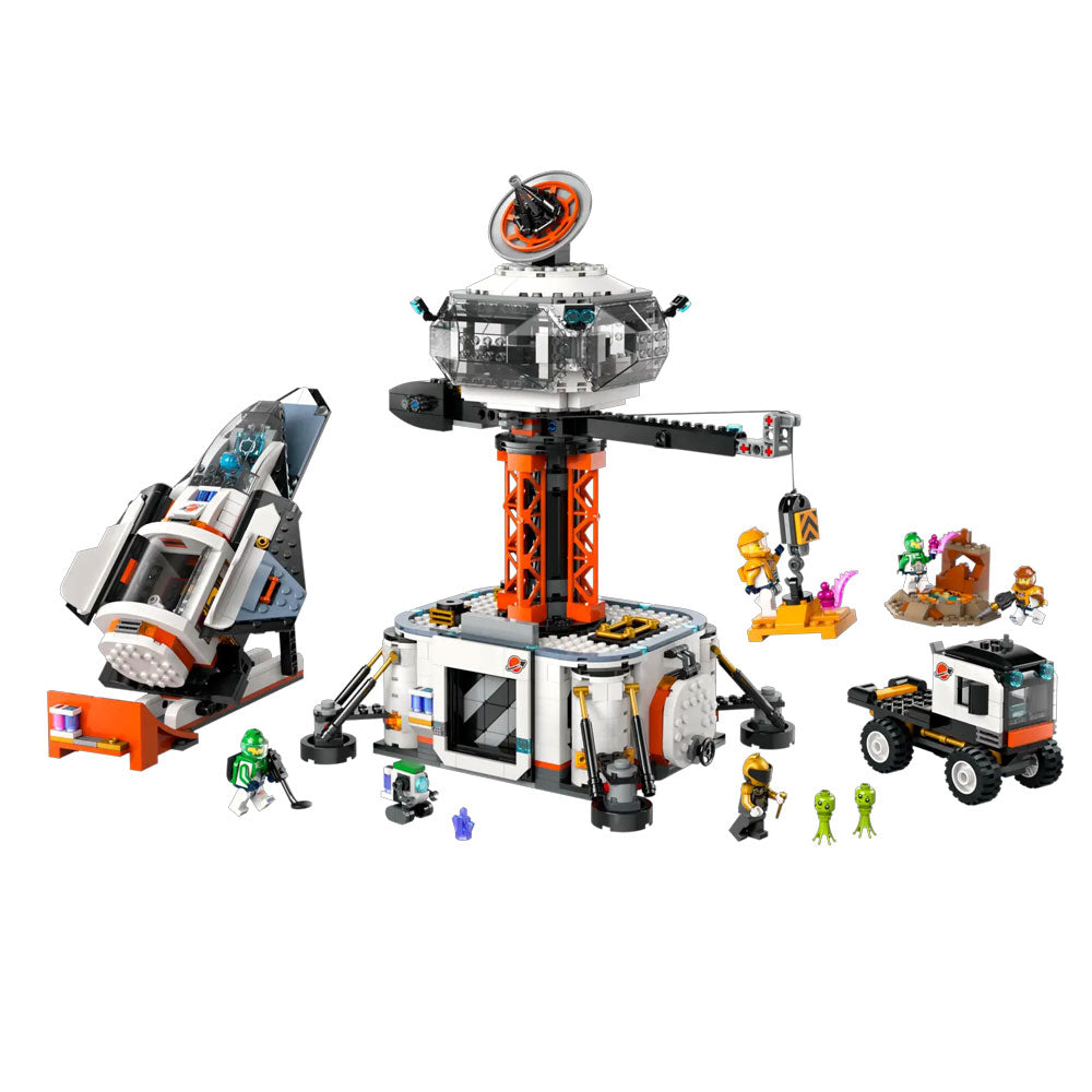 LEGO space station set with various modules and figures on a white background