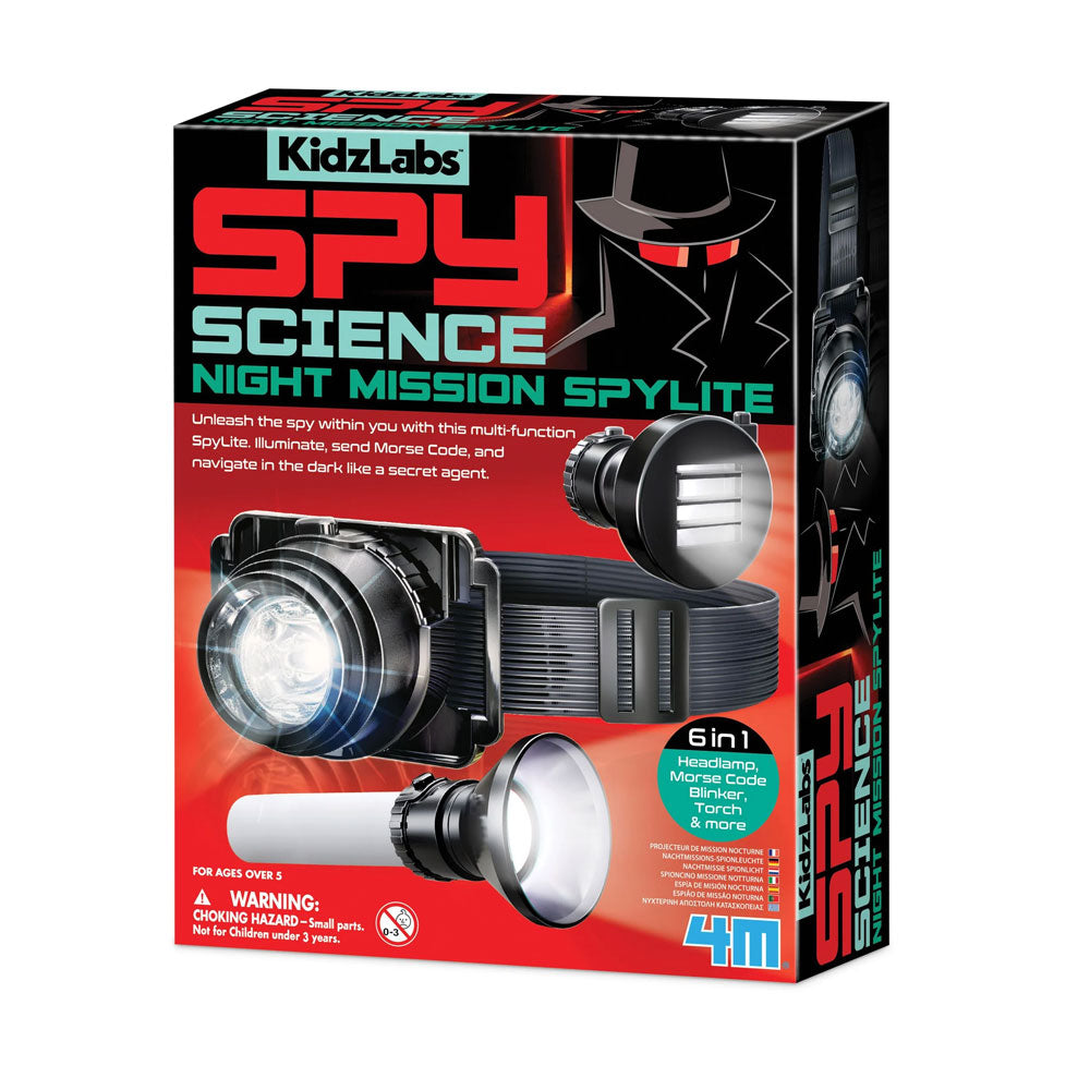 Boxed kit  Kidzlabs Spy Science Night Mission Spylite toy set on a white background