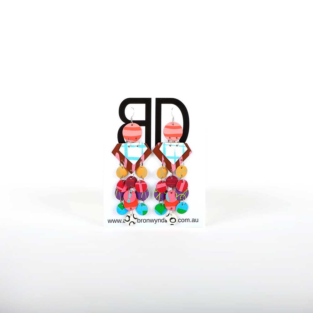 Bronwyn David cut hand painted leather Earrings with surgical steel hooks on white background