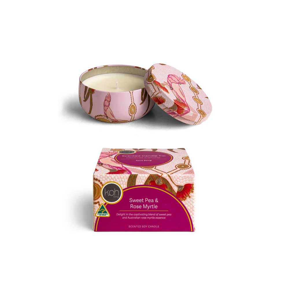 Sweet pea and rose myrtle scented candle tin on white background for Australian museum Shop online