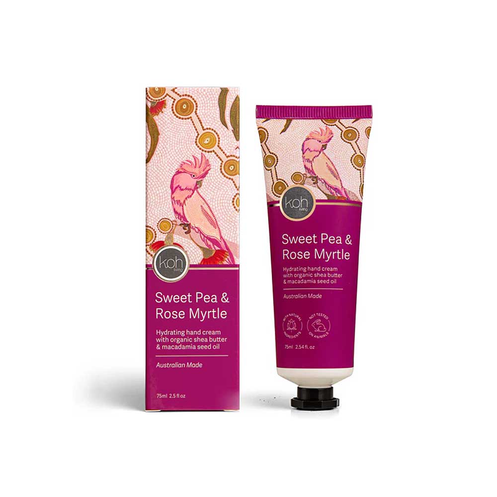 Vegan australian made hand cream sweet pea and rose myrtle on white background