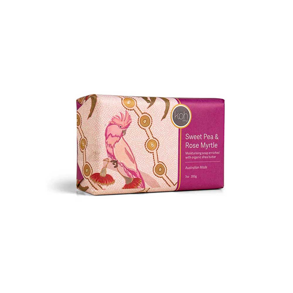 Sweetpea and Rose Myrtle fragrance shea butter soap featuring artwork by Domica Hill on white background