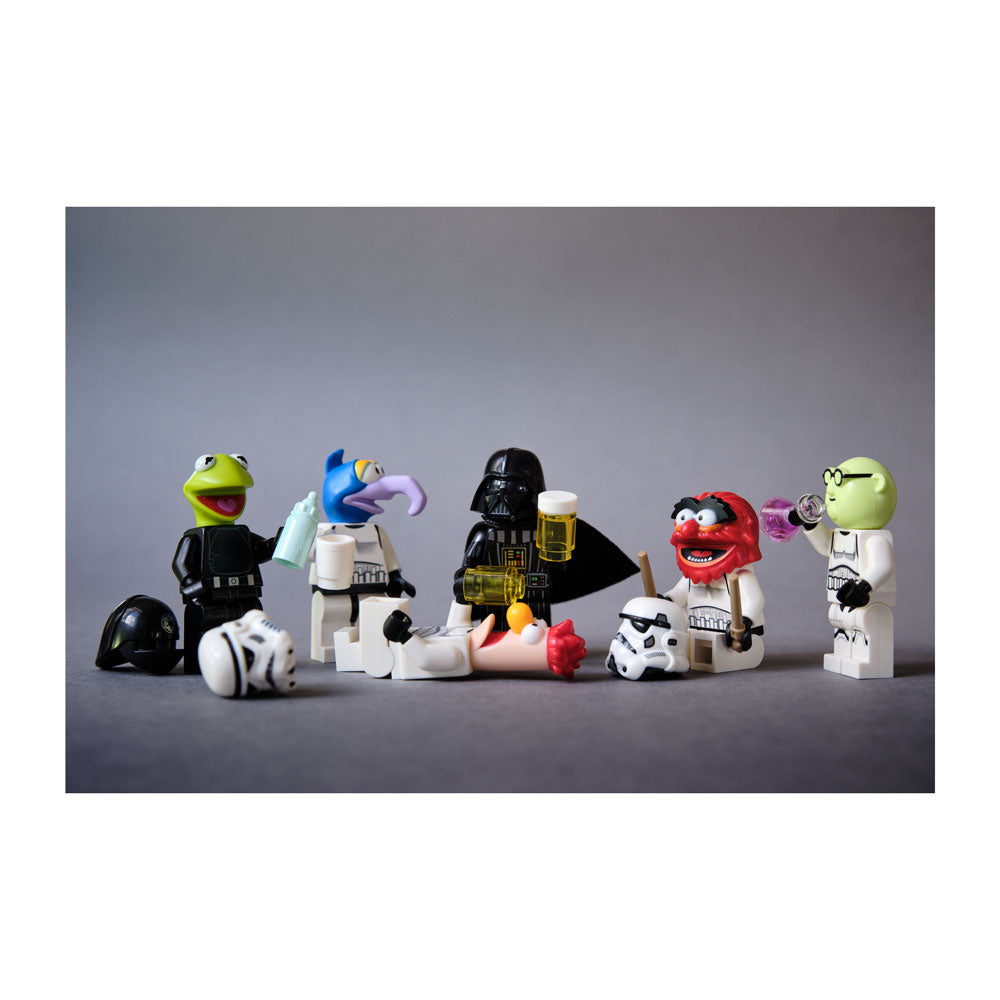 Set of toy figures resembling characters from 'The Muppets' and 'Star Wars' on a grey background. Adam Popovic photographic print on white background