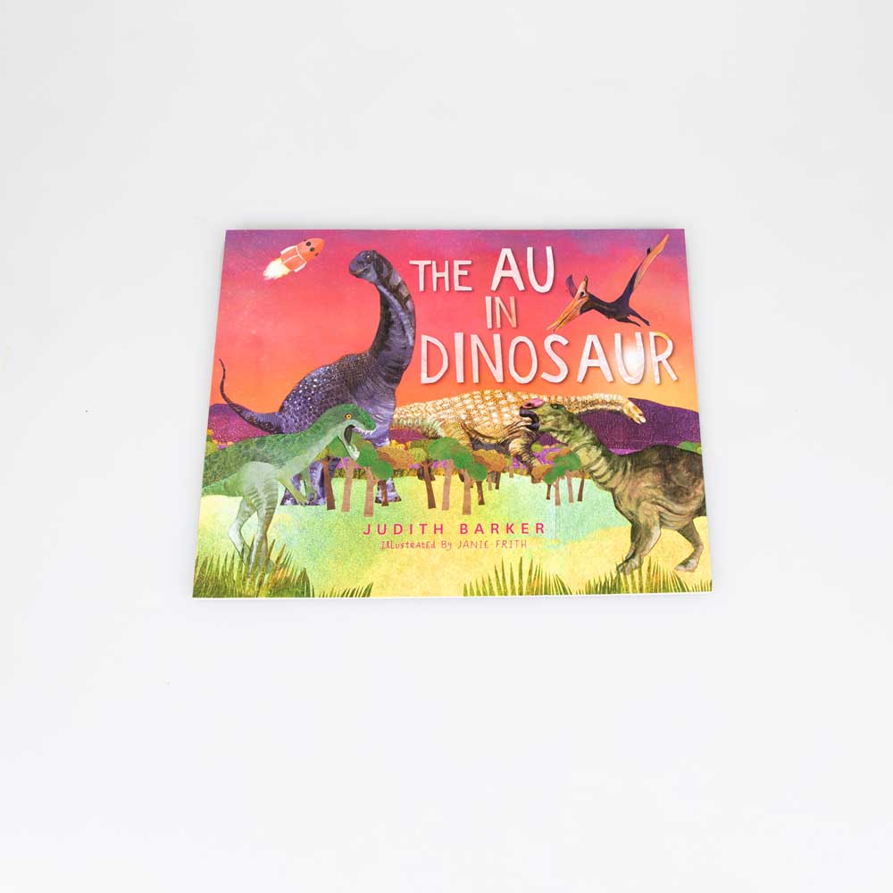 The Au in dinosaur childrens story book about Australian dinosaurs photographed on white background for Australian Museum shop online