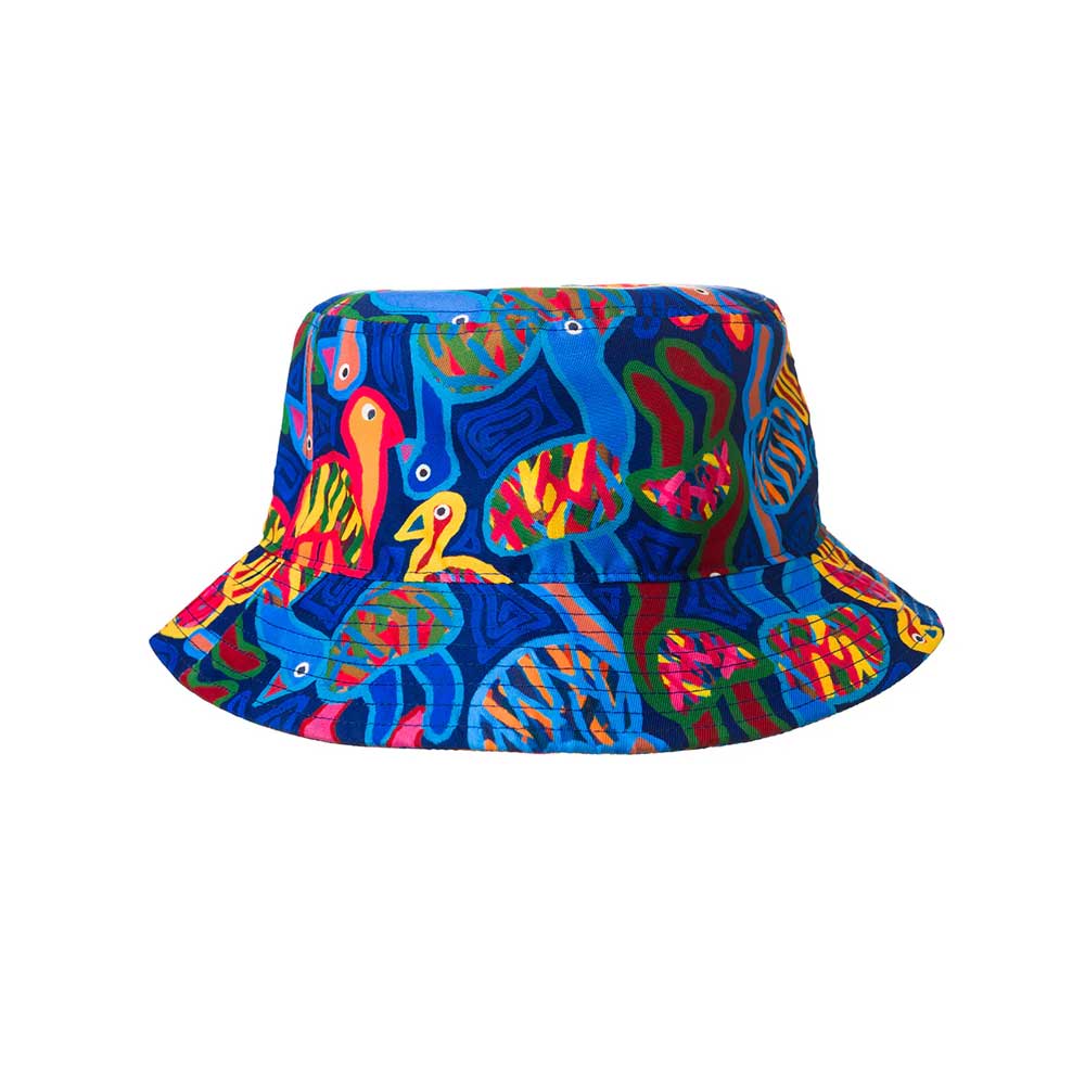 Thelma Beeton design fabric bucket hat on white background