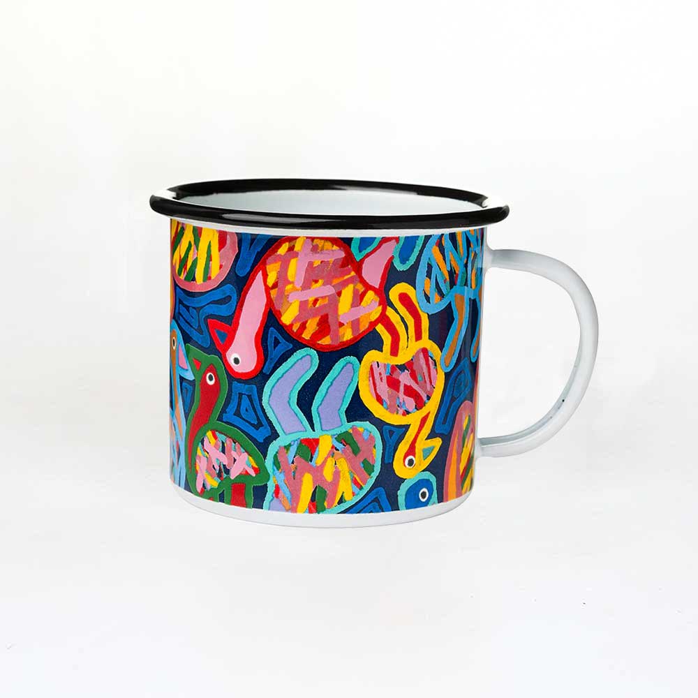 Thelma Beeton enamel mug on white background