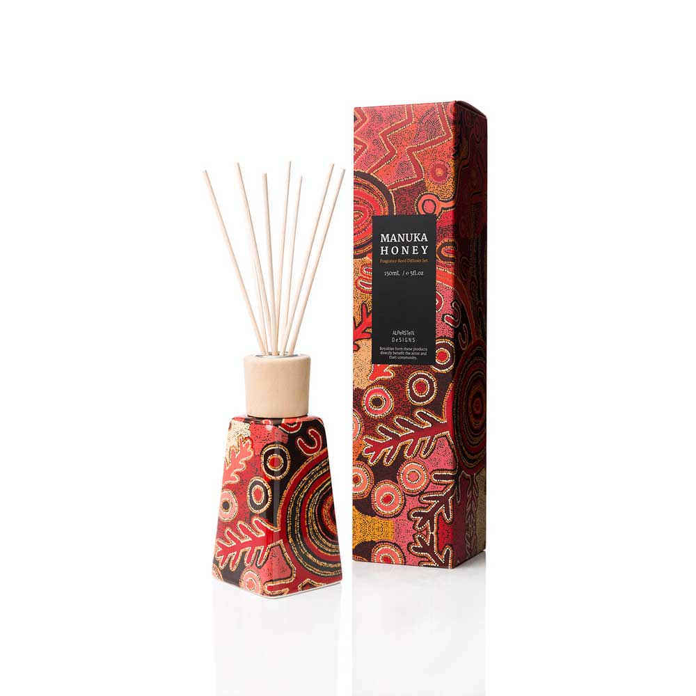 Fragrant reed diffuser set featuring First Nations Artists artwork on white background