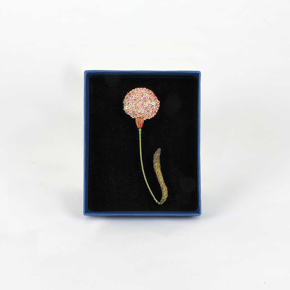 Thrift flower Trovelore Beaded embroidered floral brooch on white background