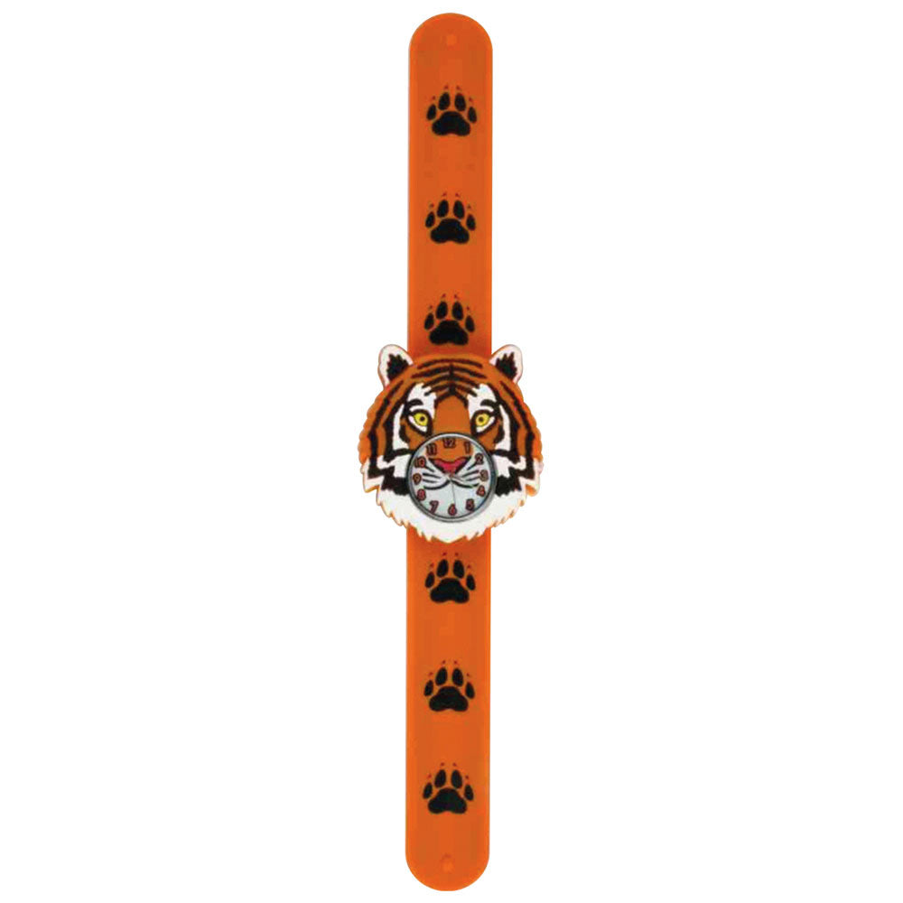 Tiger face children's wristwatch with analog watch face and snap-on band.