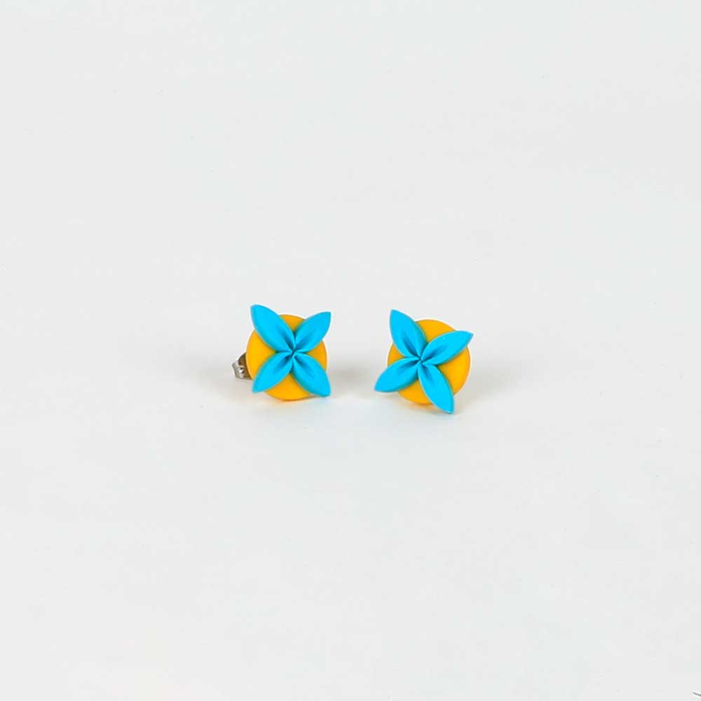 Tipani stud earrings yellow blue on white background