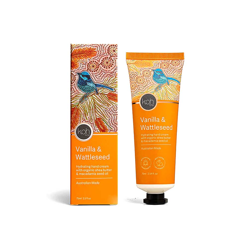 Vegan australian made hand cream vanilla and wattle seed on white background