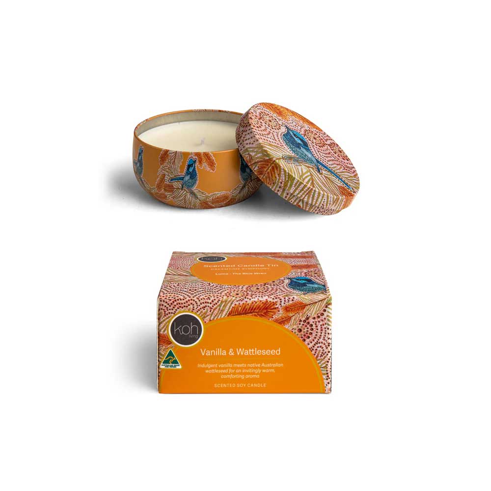 Vanilla Wattle Seed scented candle tin on white background for Australian museum Shop online